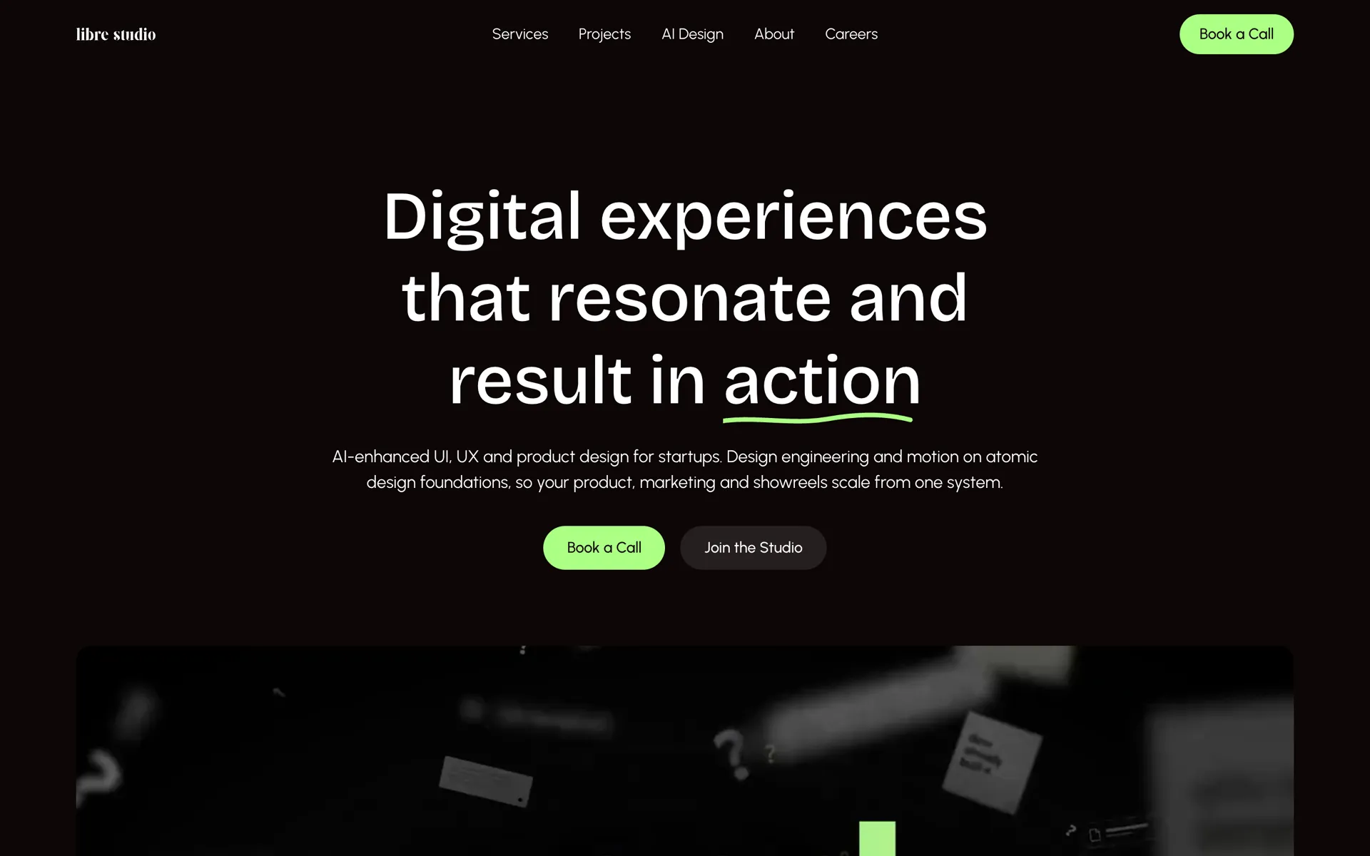 The librestudio.co homepage: the headline Digital experiences that resonate and result in action, with the showreel looping below.