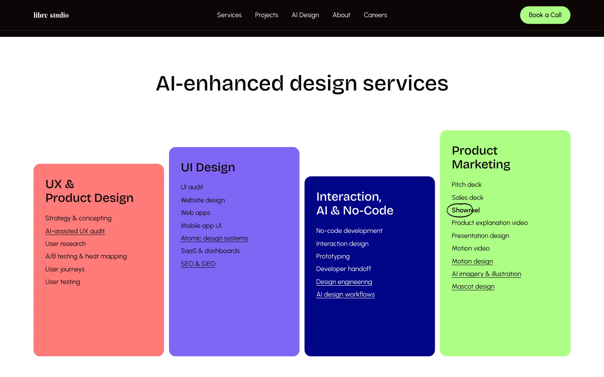 The services section: four coloured columns that rise like bars, each listing services with links to their pages.