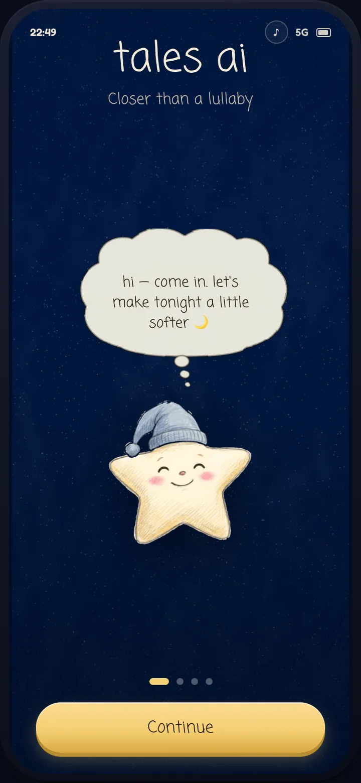 Welcome screen: the star mascot Luna in a nightcap says hi under the working name tales ai.
