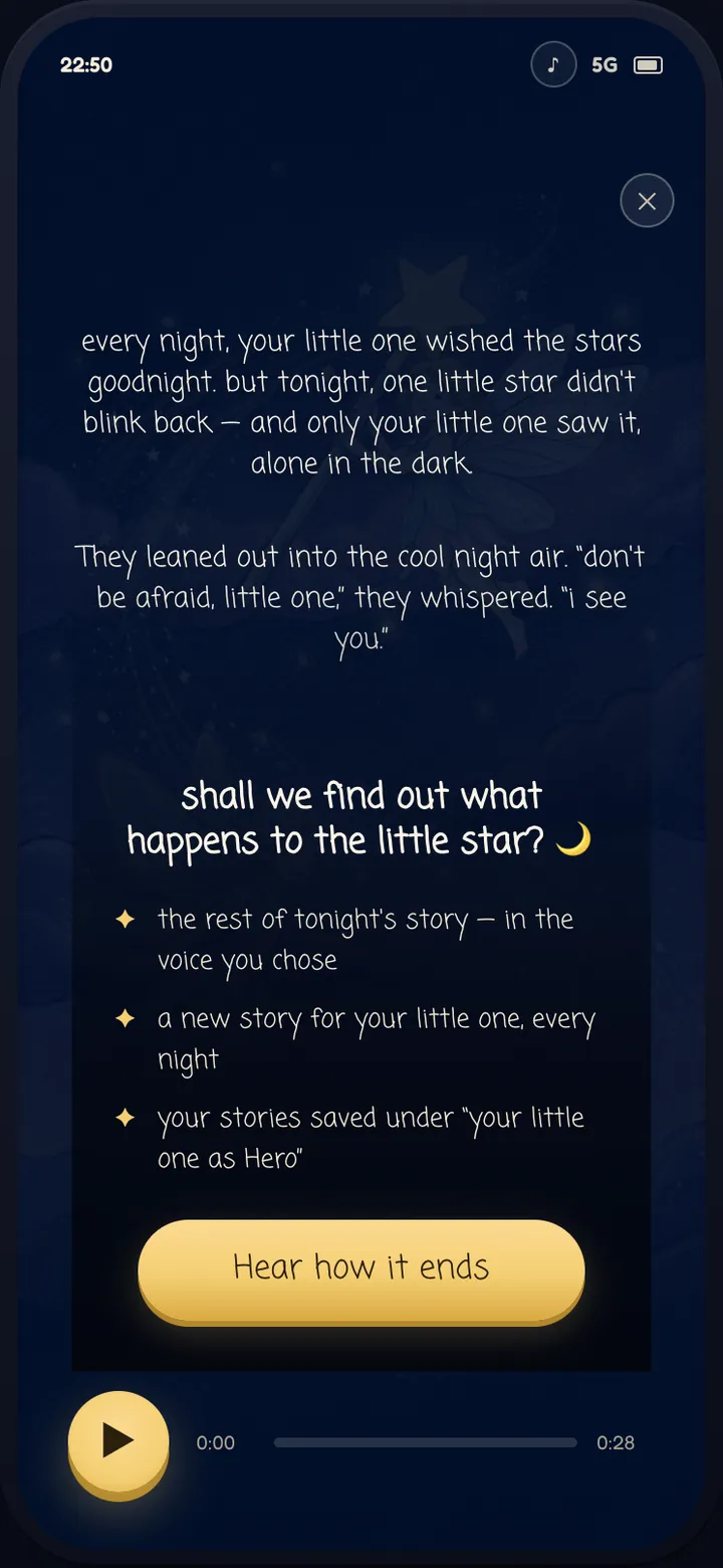 Read-along screen of the first story, ending in the prompt shall we find out what happens to the little star, with a Hear how it ends button.