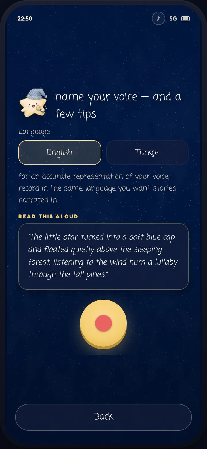 Voice recording screen with a short passage to read aloud and a record button.