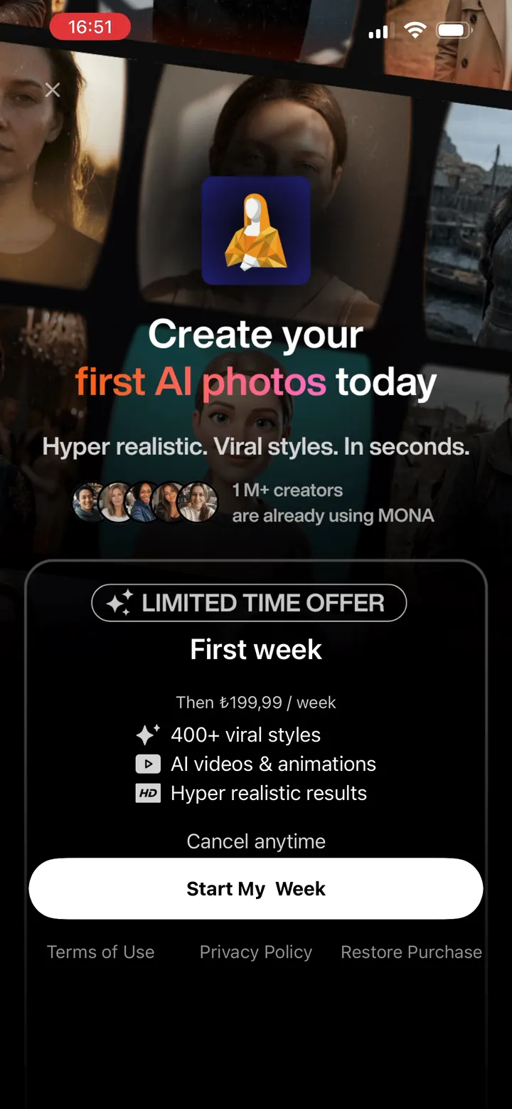 Paywall: Create your first AI photos today, with a first-week offer and what premium includes.