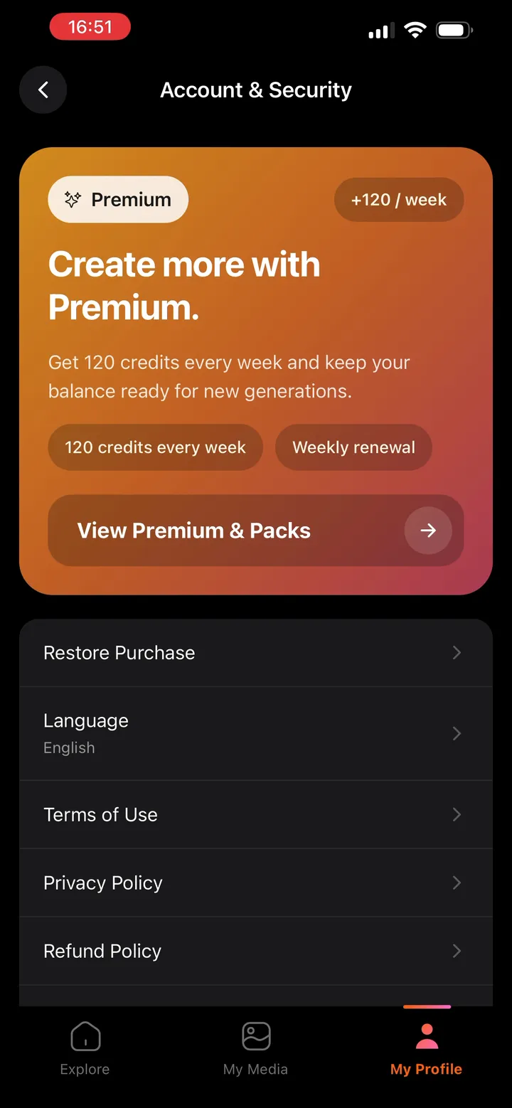 Profile screen with a Create more with Premium card showing weekly credits.