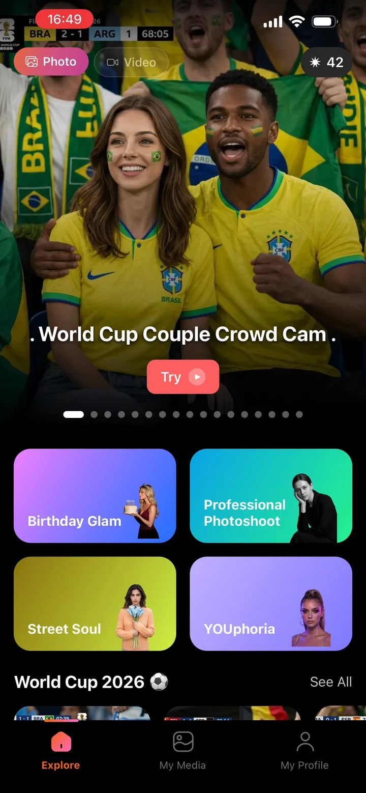 Explore screen: a featured style carousel above a grid of style cards such as Birthday Glam, Professional Photoshoot, Street Soul and YOUphoria.