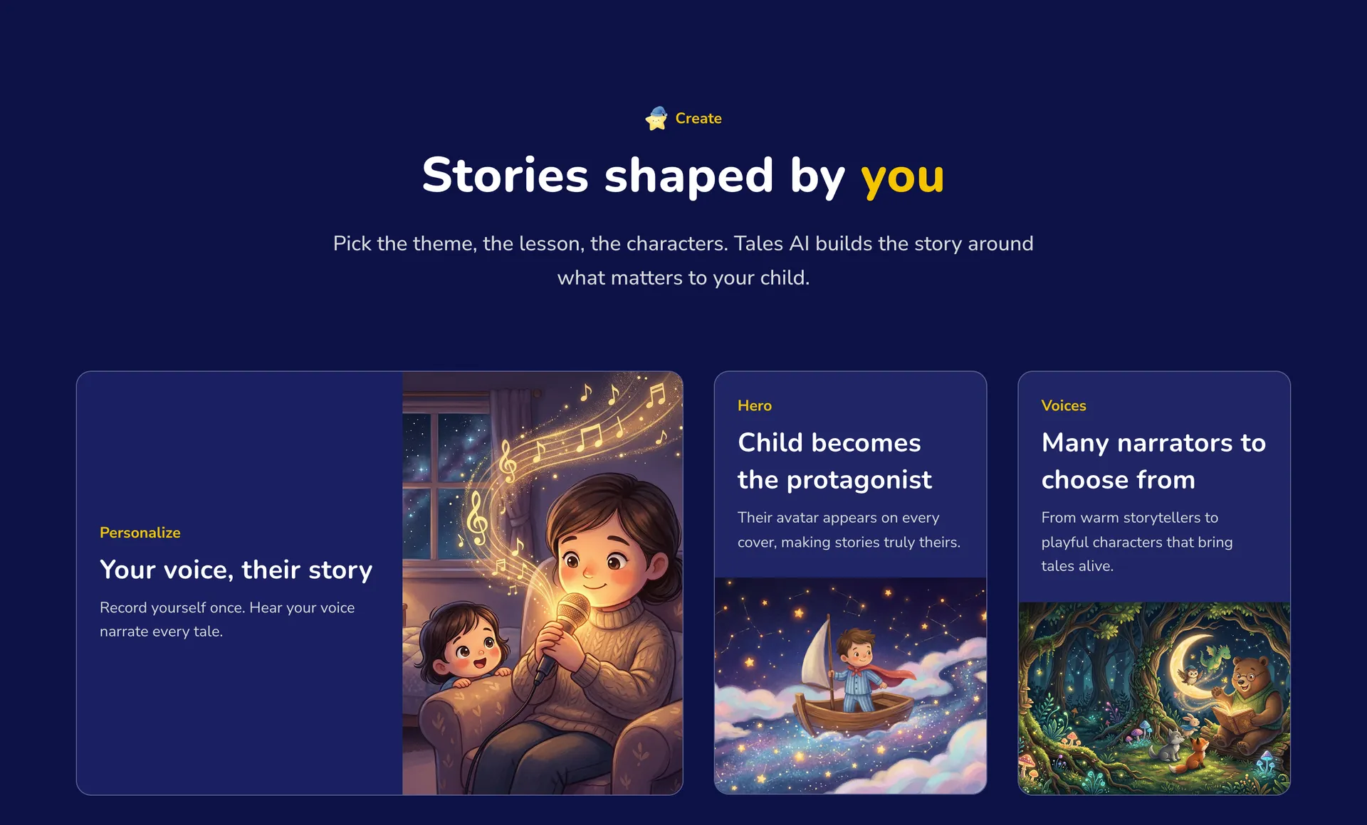 Feature section Stories shaped by you, with illustrated cards: a parent recording a story, a child sailing as the hero, and a bear and owl as narrators.