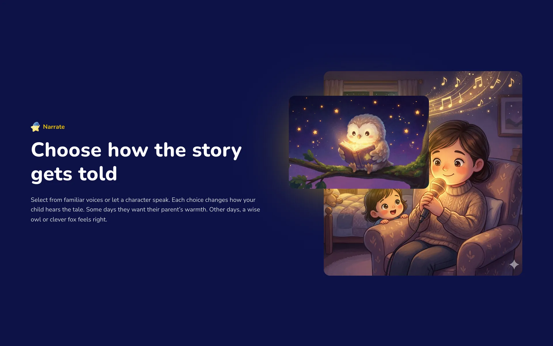 Narrate section: Choose how the story gets told, with an owl reading a book and a parent recording into a microphone for her child.